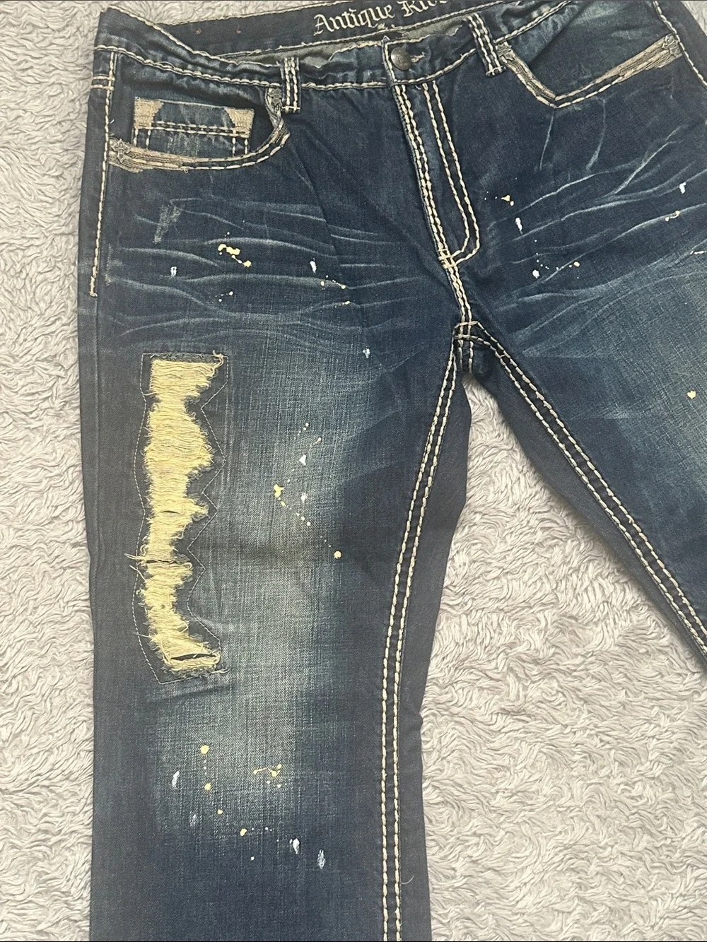 Antique Rivet Men's Dark Blue Distressed Slim Straight Jeans